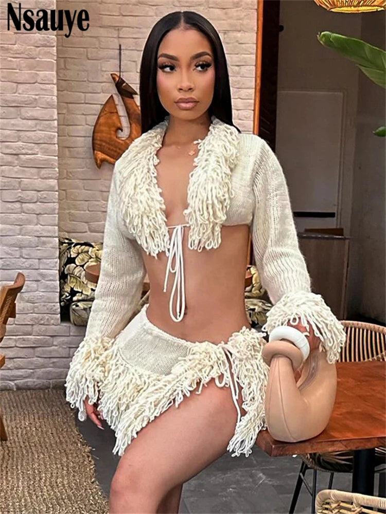 Nsauye Women Sexy Club Y2K Tassel Knitted Long Sleeve Sweater Cardigans Crop Tops Mini High Waisted Party Skirt Two Piece Set
