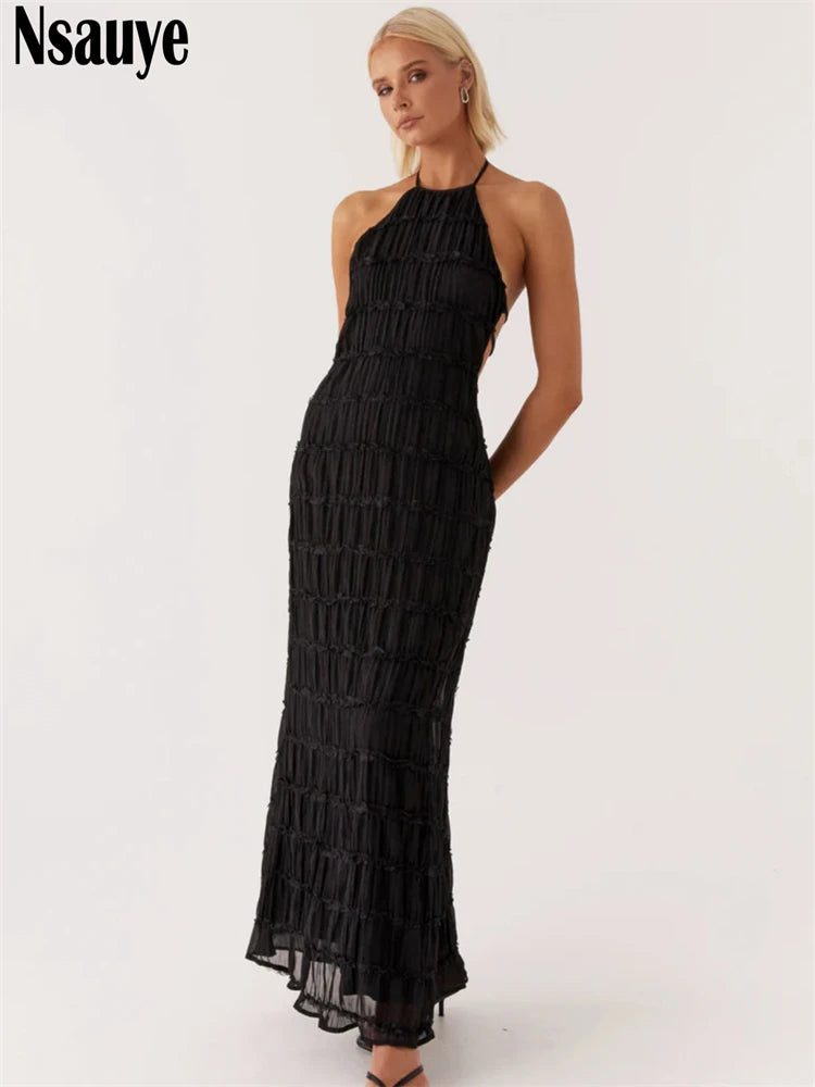 Nsauye Women Sexy New Fashion Pleated Halter Long Summer Vacation Dress Casual Beach 2025 Night Club Evening Party Dress Elegant
