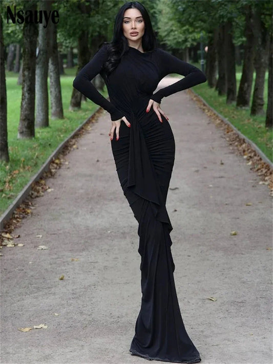 Nsauye Black Ruched Tie Up Elegant Maxi Dress Club Party Long Sleeve Bodycon Evening Long Dresses Women Fashion Winter 2023