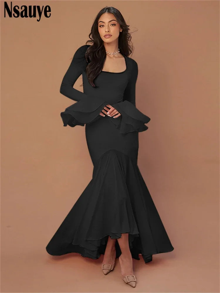 Nsauye Elegant Long Dresses Maxi Wrap Winter 2024 Women Clothing  Formal Fashion Sexy Party Long Sleeve Night Club Ruffles Dress