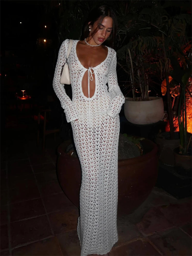 Nsauye Knitted Long Sleeve Women Sexy Beach Cover Up Summer Holiday Dress Hollow Out Party Evening Club Maxi Elegant Dress 2024