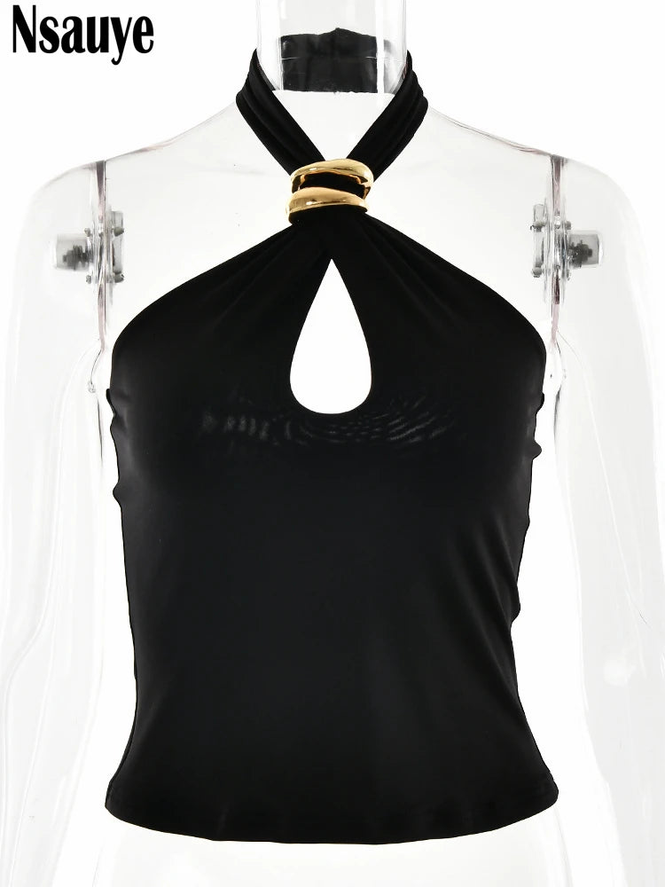 Nsauye Women Elastic Sexy Club Streetwear New Fashion Halter Summer Tank Tops Hollow Out Y2K Chic Black Mini Vest Crop Tops 2025