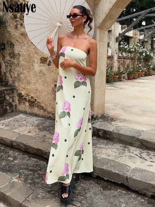 Nsauye New Clothes Long Dress Women Summer Casual Floral Print Beach Wrap Sexy Club Evening Party Elegant Fashion Dress Vintage