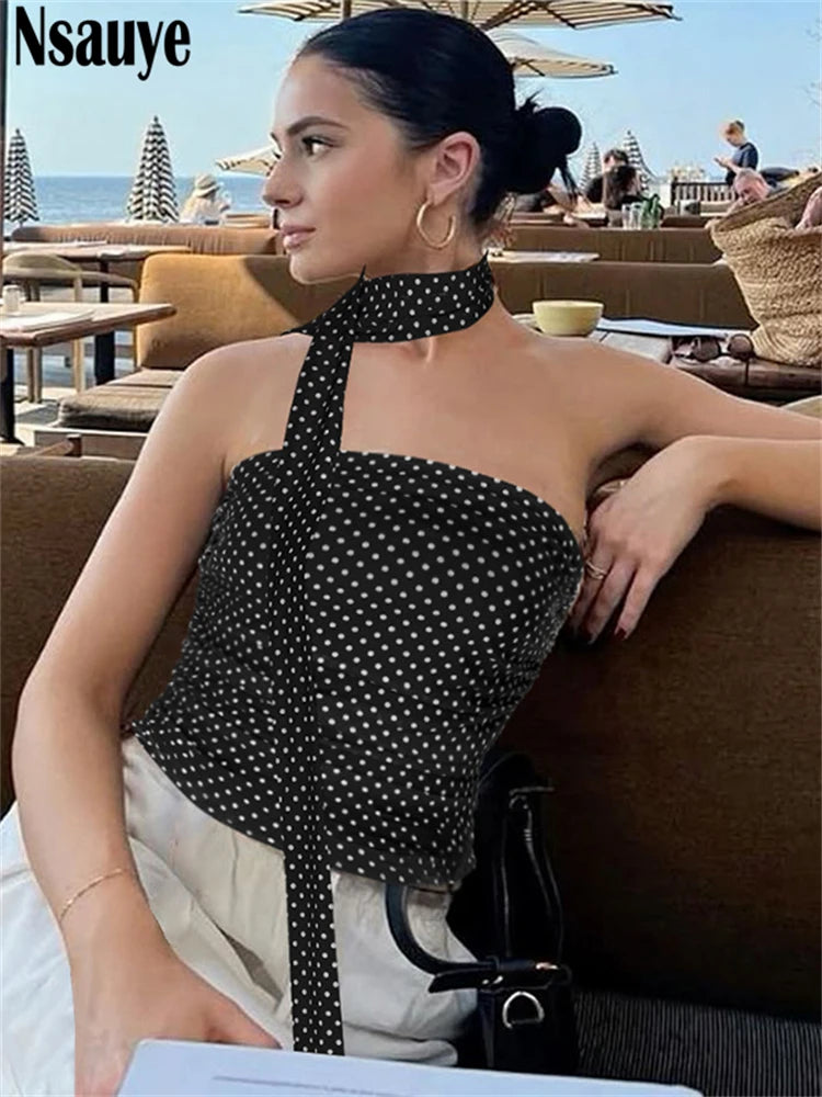 Nsauye Summer Women Fashion Clothes Mini Skinny Halter Off Shoulder Sexy Y2K Polka Dot Crop Tops Night Club Streetwear Tank Tops