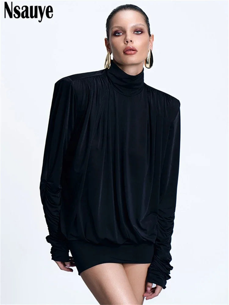 Nsauye Elegant Party Short Dress For Women Fashion Chic Long Sleeve Sexy Mini Backless Turtleneck Holiday Night Club Dress 2024