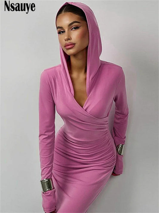 Nsauye Ladies Elegant Long Sleeve Hooded Long Dresses 2023 Winter Casual Women Slim Holiday Party Sexy Bodycon Dress Vestidos