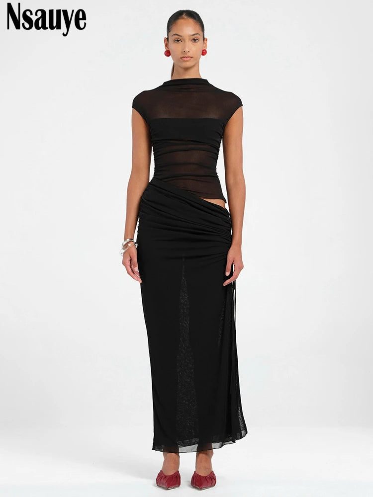 Nsauye Pullover Women Casual Basic O Neck Fashion Elegant Wrap Dress Long Sexy Hollow Out Evening Party Night Club Dress 2025