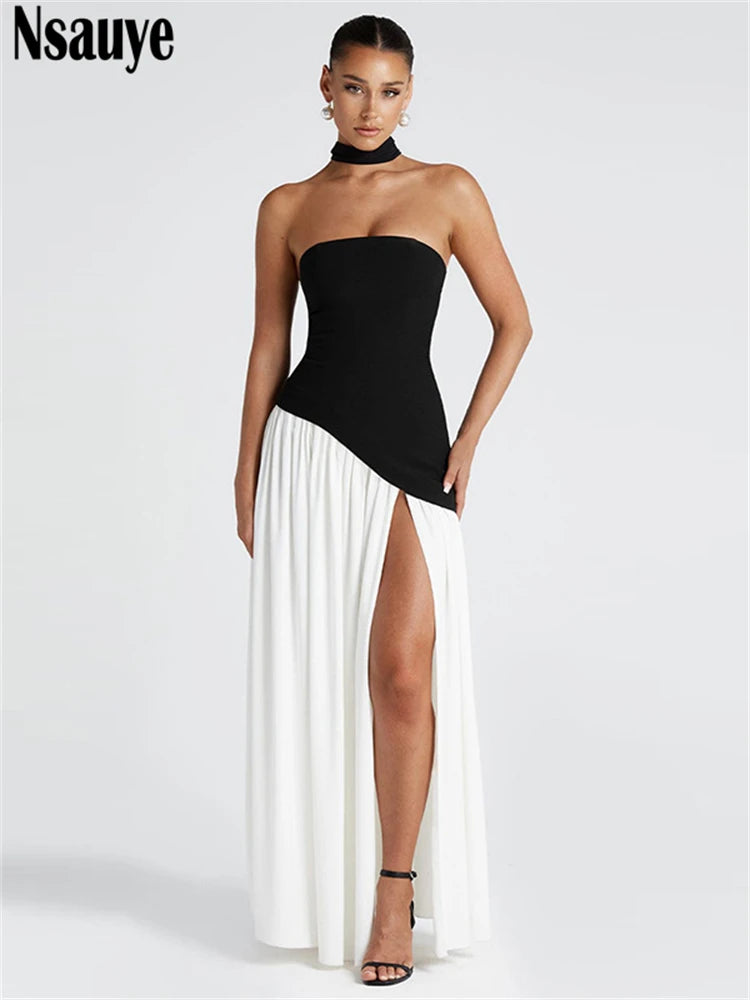 Nsauye Strapless Women Long Elegant Sexy High Split Halter Fashion Evening Dress Party Night Club Summer Off Shoulder Dress 2025