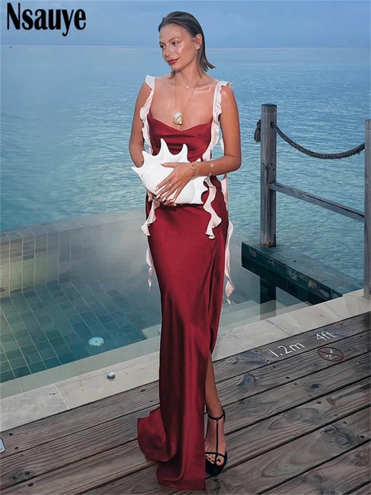 Nsauye Chic Vintage Holiday Women Sexy Long Night Club Satin Summer Dress Beach 2025 Evening Party Elegant Fashion Dress Bodycon