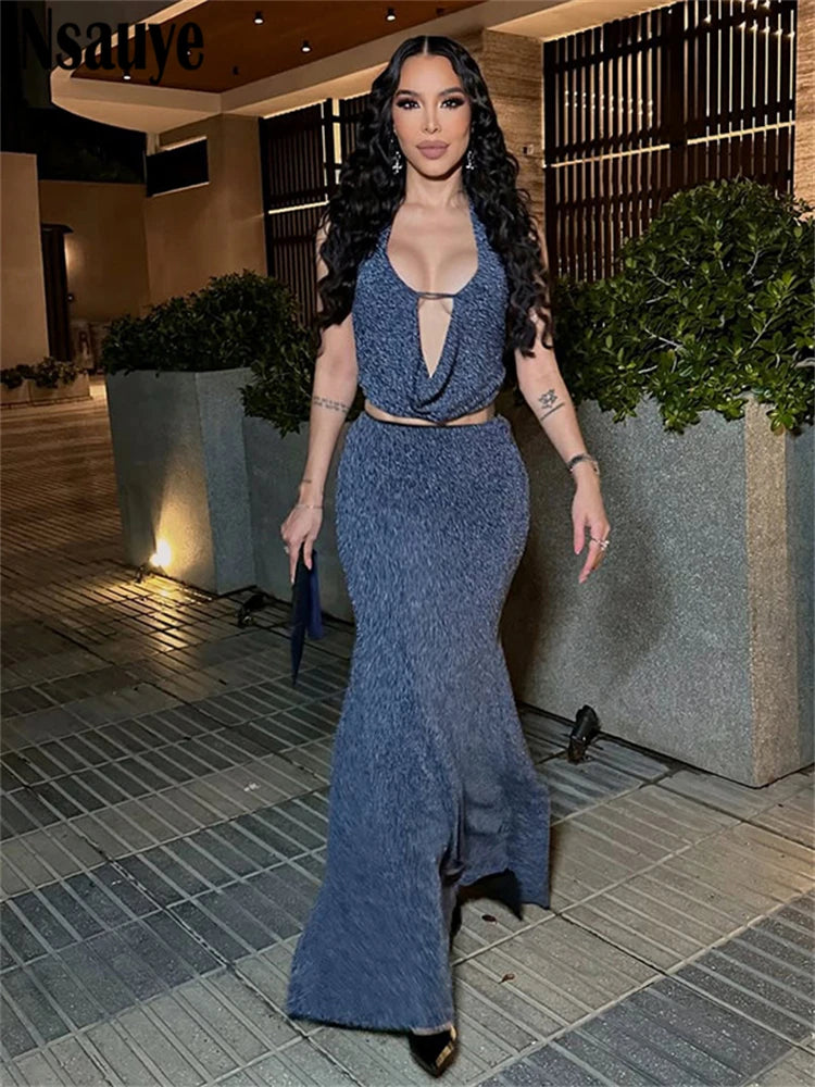Nsauye 2025 Spring New Glitter Party Outfits Women Outfits Sleeveless Crop Tops+High Waist Long Skirt Suit 2 Piece Matching Sets