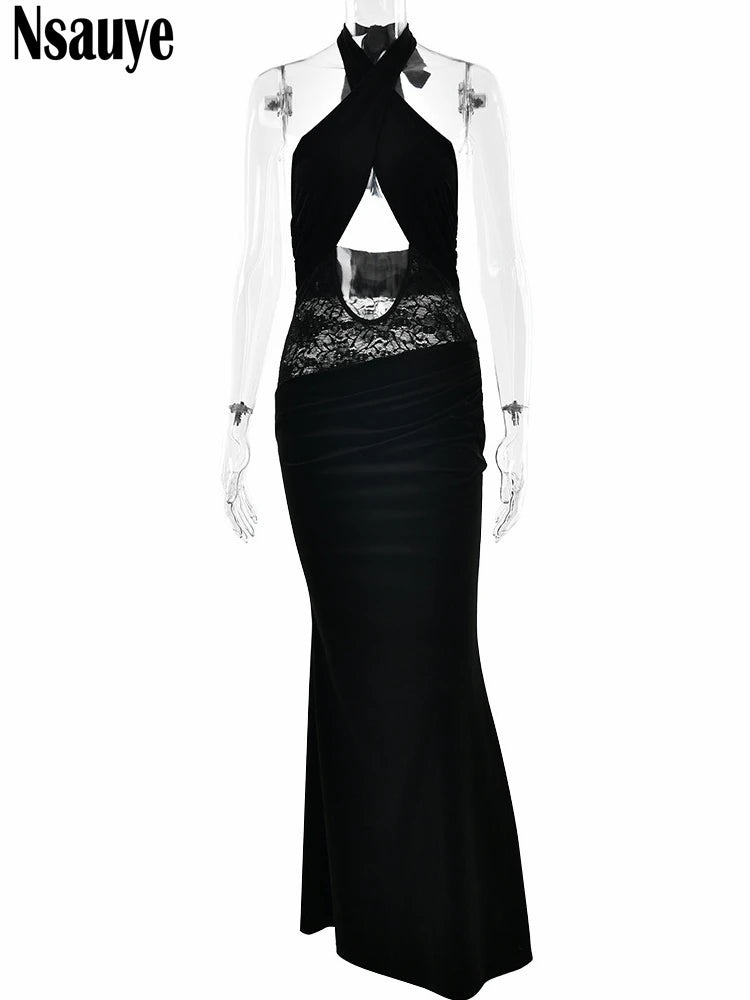 Nsauye Halter Fashion Elegant Long Women Sexy Backless Hollow Out Velvet Dress Ladies Clothes Summer 2025 Party Night Club Dress