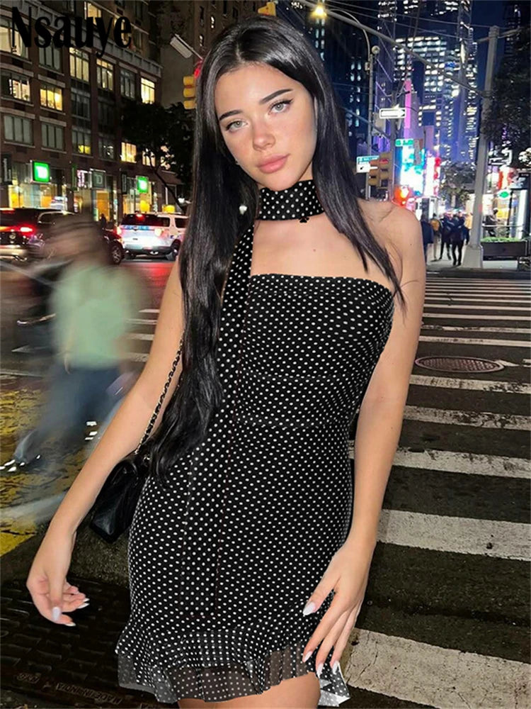 Nsauye Fashion Women Sleeveless Strapless Mini Dress Backless Dot Print Ruffles Short Dresses Summer Vacation Club Party 2025