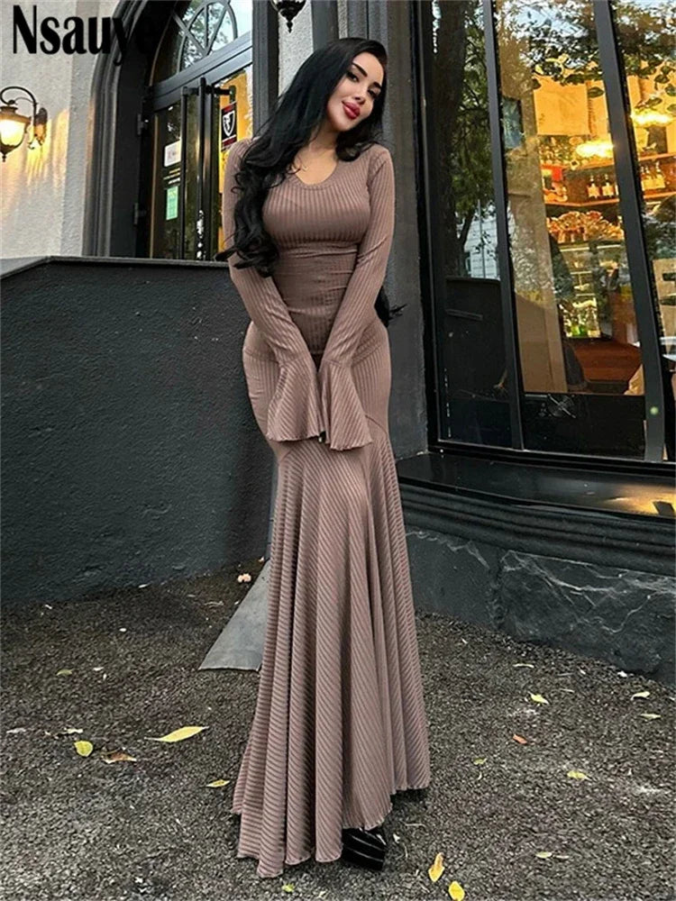 Nsauye Chic Fashion Women Long Sleeve Maxi Bodycon Ribber Knitted Elegant Dress 2024 Winter Party Night Club Casual Dress Outfit