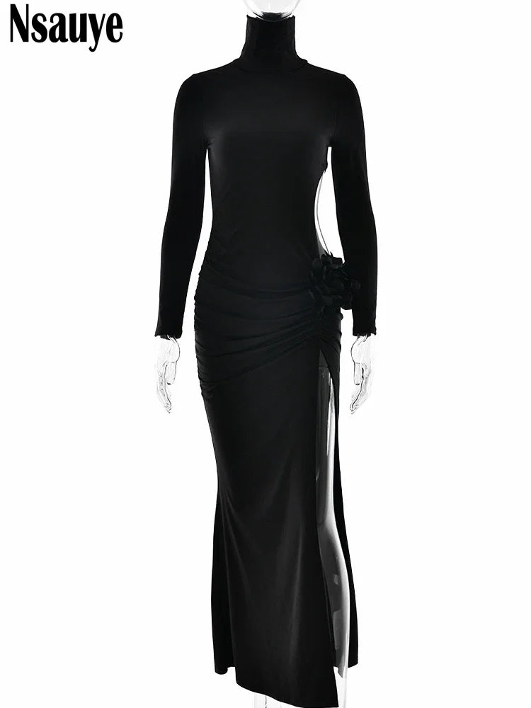 Nsauye Sexy High Waist Women Long Sleeve Flower Fashion Elegant Maxi Dress Wrap Winter 2024 Evening Party Night Club Chic Dress