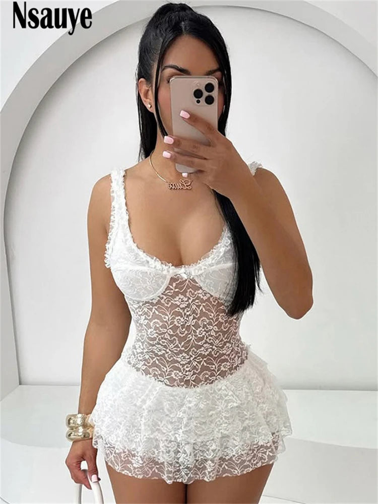 Nsauye Summer New Lace Print Mini Dress For Women Fashion White Slim Elegant Ruffles Short Dress Sleeveless Party Clothes 2025