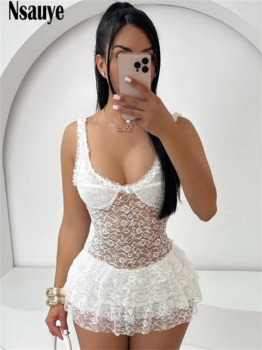 Nsauye Summer New Lace Print Mini Dress For Women Fashion White Slim Elegant Ruffles Short Dress Sleeveless Party Clothes 2025
