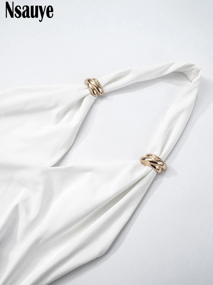Nsauye 2025 Summer Weomen New Fashion White Simple Temperament Long Dress Sexy Backless Slim Evening Party Low Cut Sundress Club
