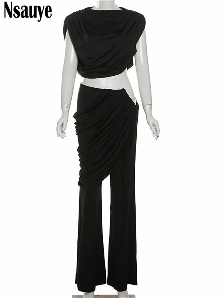 Nsauye Women Casual Sexy Ruched Y2K Mini Crop Tops Low Waisted Club Fashion Cut Out Pants Long Two Piece Set Tracksuit 2024