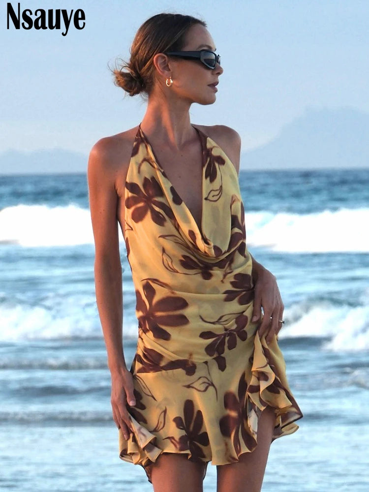 Nsauye Summer Halter Beach Women Holiday Print Casual Ruffles Short Dress Sexy Backless Night Fashion Club Evening Dress Party