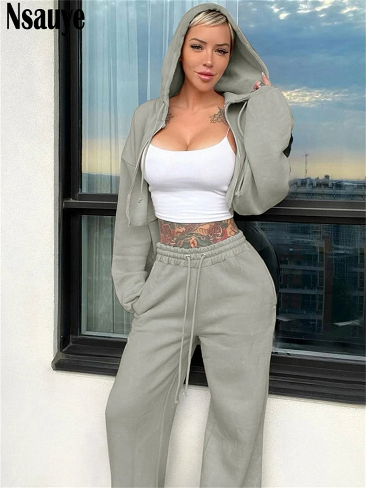 Nsauye Women Casual Tracksuit Y2K Long Sleeve Mini Sweatshirt Cardigans Hoodies Tops Fashion Winter Pants Two Piece Set 2024