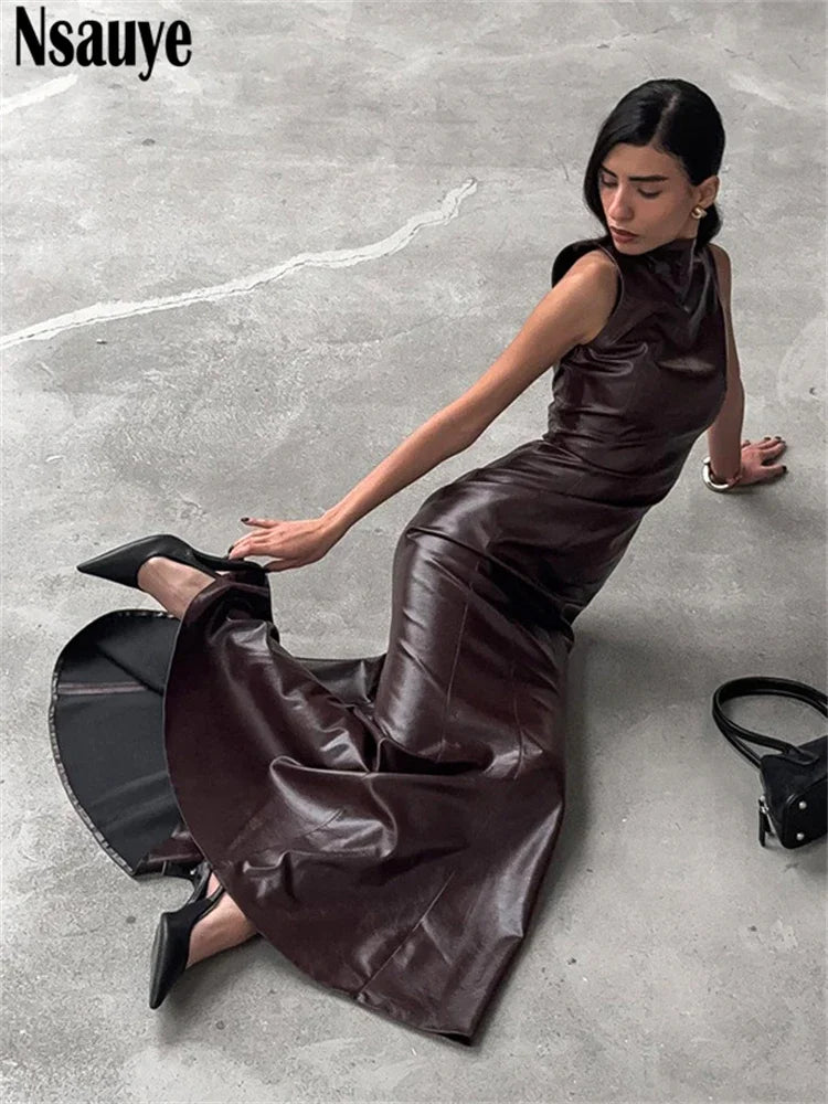 Nsauye Elegant Party Dress Women Sexy Off Shoulder New Long Wrap Evening Night Club Fashion Sleeveless Leather Dress 2024 Winter