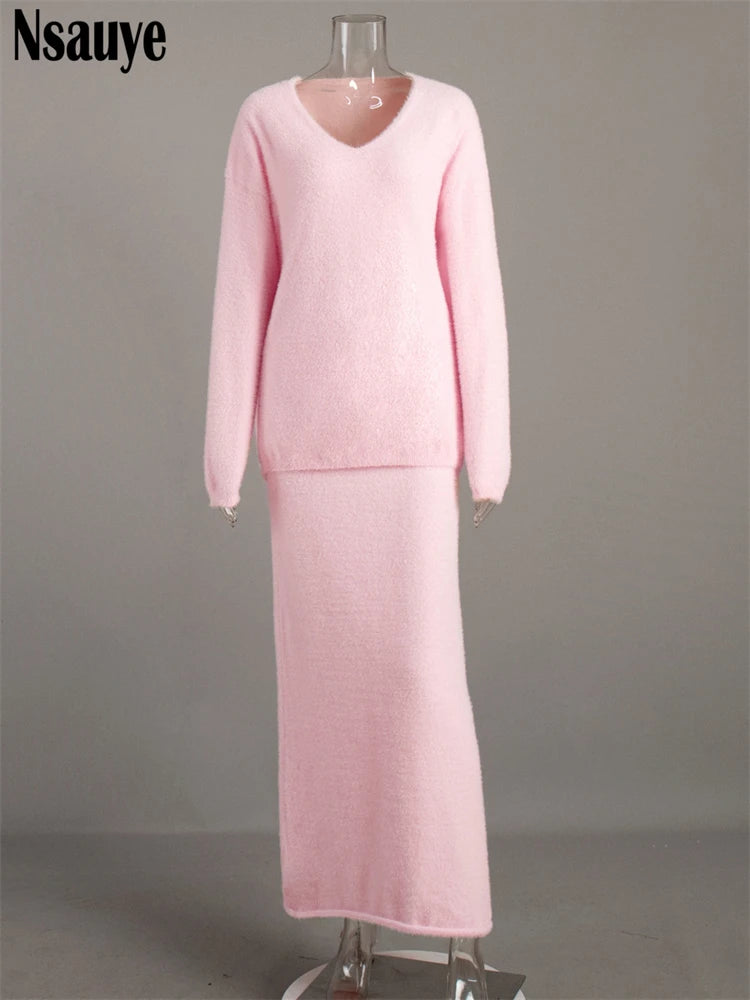 Nsauye Women Long Sleeve Winter Sweater Tops Knitted Maxi Wrap Sexy Club Skirt Dress Elegant New In Matching Two Piece Set 2024