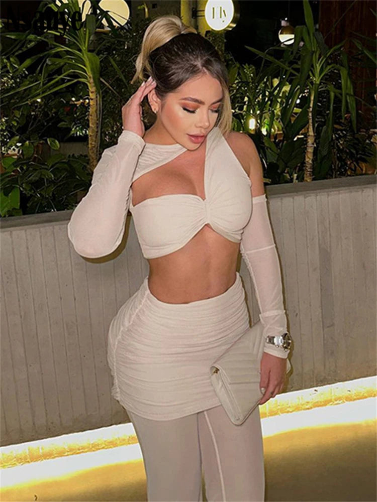 Nsauye 2024 Autumn Winter Mesh Sexy Hollow Out Pants Set Night Club Fashion Long Sleeve Tops High Waist Pants New 2 Piece Set