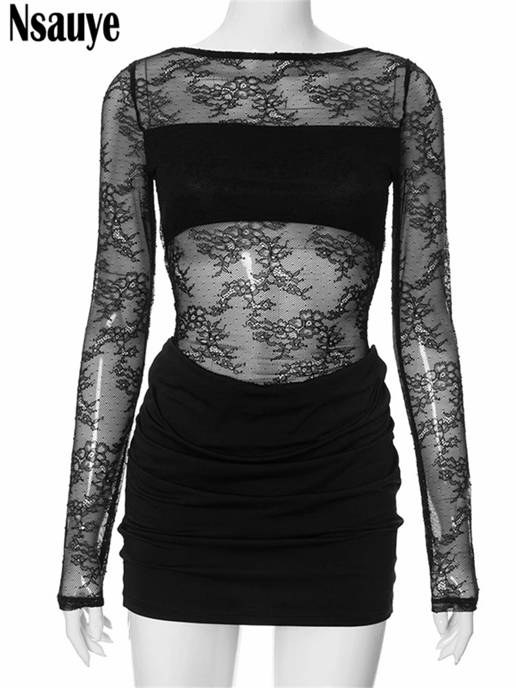 Nsauye Black Dress Women Elegant Long Sleeve Summer New Fashion Sexy Lace See Through Party Evening Club Mini Wrap Dress 2024