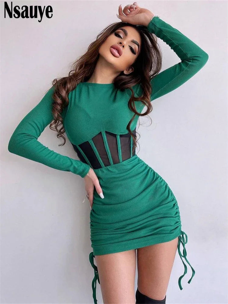Nsauye See Through Mesh Women Chic Fashion Summer Long Sleeve Ribber Knitted Y2K Mini Dress Sexy Party Club Casual Dress 2023