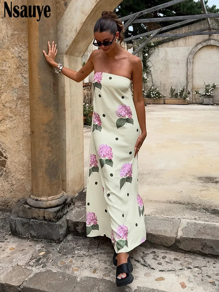 Nsauye New Clothes Long Dress Women Summer Casual Floral Print Beach Wrap Sexy Club Evening Party Elegant Fashion Dress Vintage