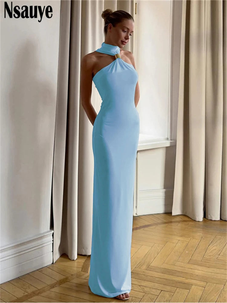 Nsauye Women Sexy Night Club Halter Sleeveless Evening Party Long Dress Summer Off Shoulder Elastic Fashion Elegant Dress 2025