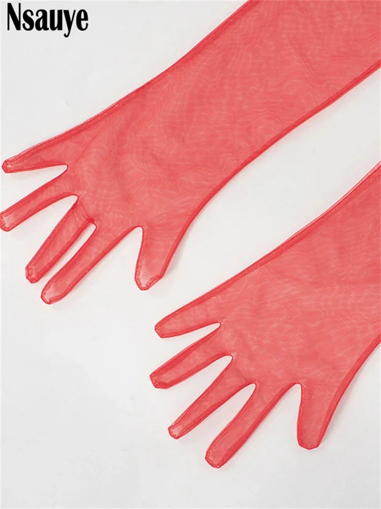 Nsauye Women Red Elegant Maxi Dress With Gloves Long Fashion Sexy Evening Party Halter Club Chic Off Shoulder Dress 2024 Autumn