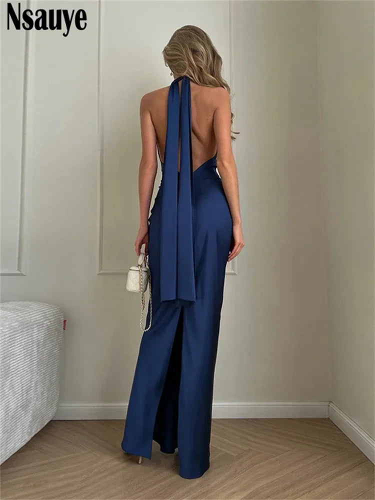 Nsauye Backless Elegant Party Dress For Women Sexy Satin Sleeveless Bodycon Vintage Holiday Long Night Club Halter Dress 2024