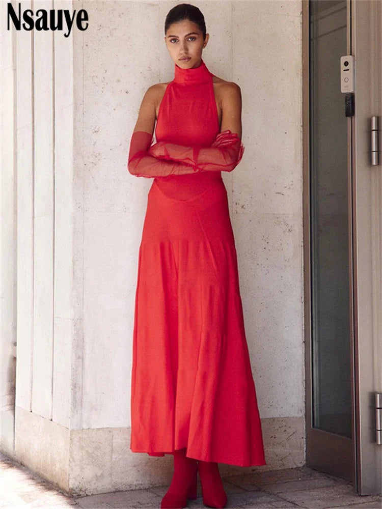 Nsauye Women Red Elegant Maxi Dress With Gloves Long Fashion Sexy Evening Party Halter Club Chic Off Shoulder Dress 2024 Autumn