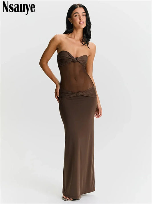 Nsauye Party Dress Women Long Outfit Mesh See Through Low Waisted Party Female Evening Holiday Bodycon Night Club Dress 2024