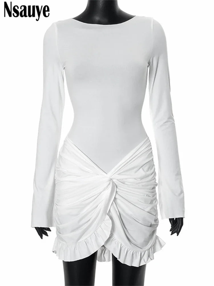 Nsauye Fashion Elegant Women Sexy Low Waisted White Ruffles Autumn Dress Clubwear Evening Party Long Sleeve Bodycon Dress 2024