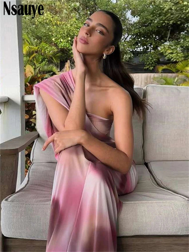 Nsauye One Shoulder Women Sexy Mesh Long Summer Casual Holiday Beach Dress 2025 Fashion Night Club Tie Dye Print Party Dresses