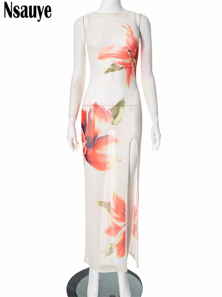 Nsauye Women Casual Beach Summer Holiday Clothing Elegant Sleeveless Floral Print Dress 2025 Long Sexy Mesh Club Party Dresses