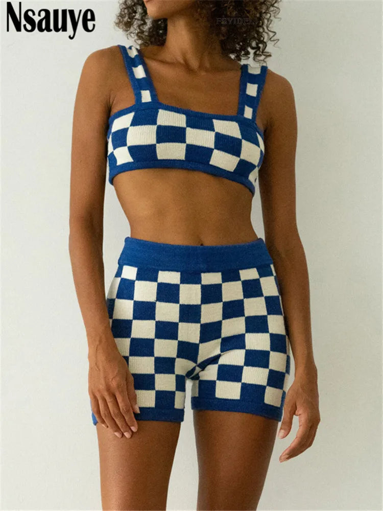 Nsauye 2022 Summer Knitted Print Sports Shorts Suit Tracksuit Women Sexy Beach Outfits Strap Top High Waist Shorts Two Piece Set