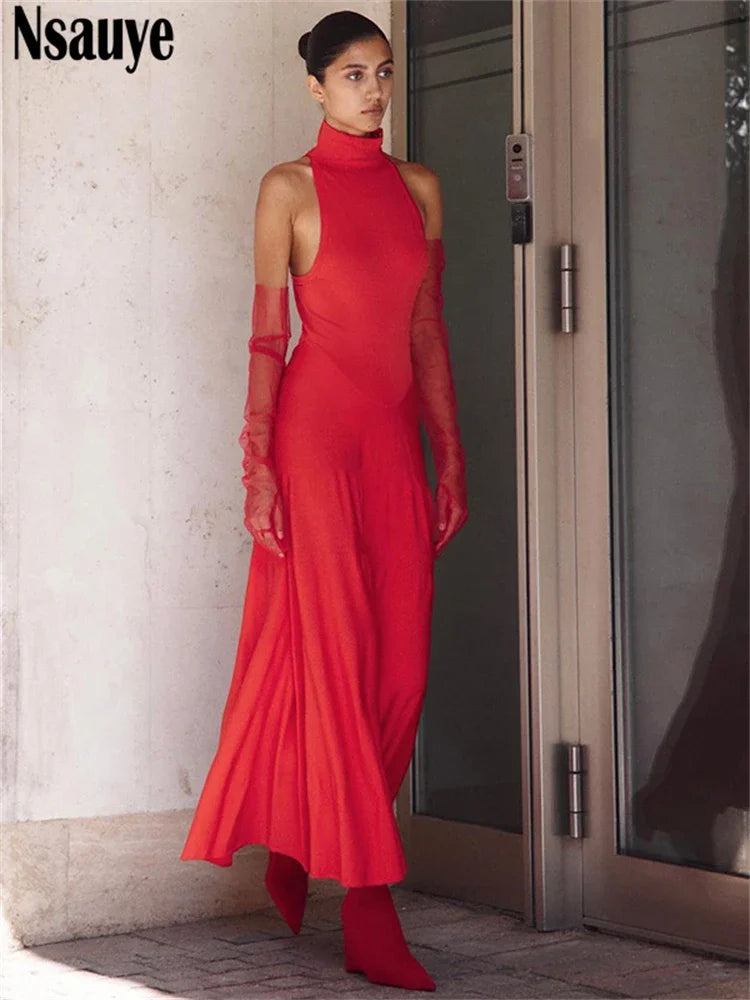Nsauye Women Red Elegant Maxi Dress With Gloves Long Fashion Sexy Evening Party Halter Club Chic Off Shoulder Dress 2024 Autumn