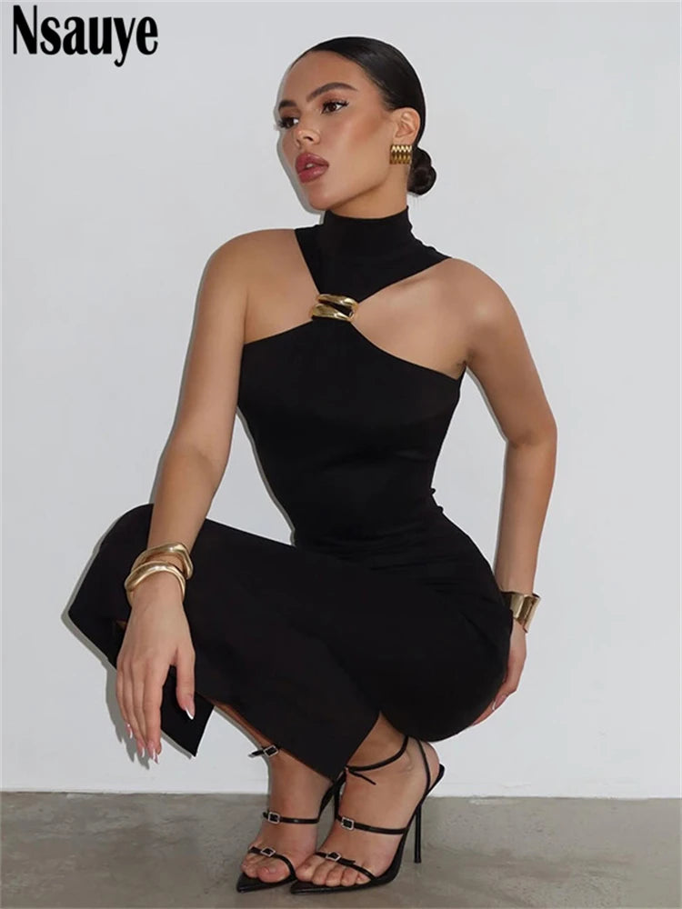 Nsauye Women Sexy Evening Party Fashion Elegant Night Club Black Halter Dress 2025 Summer Off Shoulder Bodycon Midi Dress Outfit