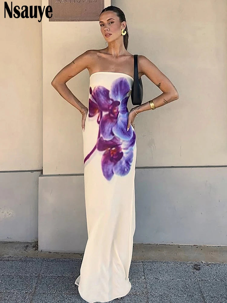 Nsauye Women Summer New Fashion Night Club Party Elegant Evning Vintage 2025 Pullover Long Strapless Wrap Floral Print Dresses