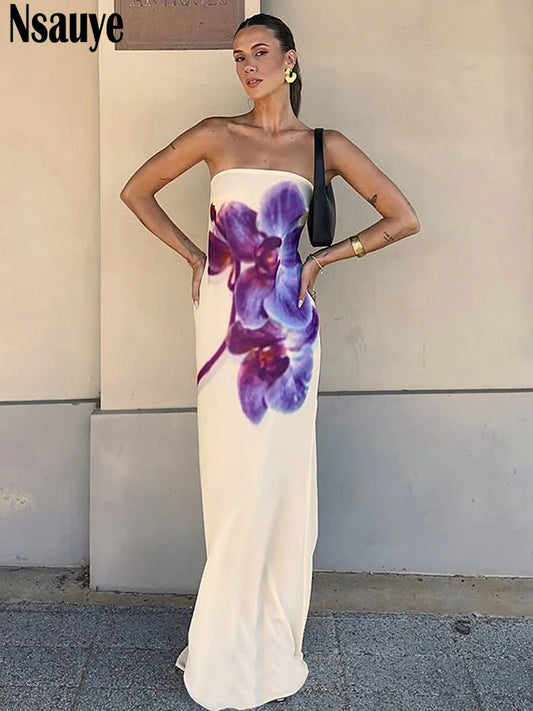 Nsauye Women Summer New Fashion Night Club Party Elegant Evning Vintage 2025 Pullover Long Strapless Wrap Floral Print Dresses