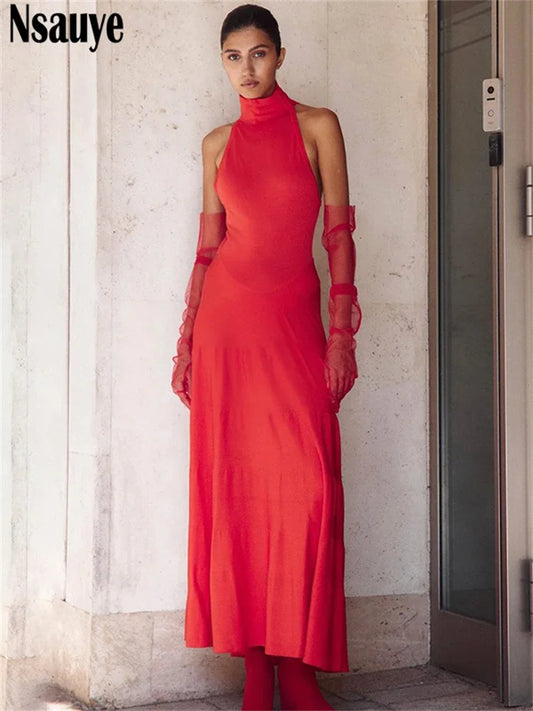 Nsauye Women Red Elegant Maxi Dress With Gloves Long Fashion Sexy Evening Party Halter Club Chic Off Shoulder Dress 2024 Autumn