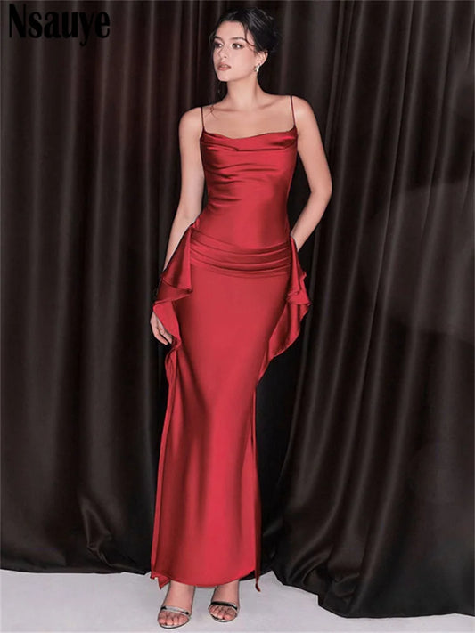 Nsauye Sexy Women Dress Long Evening Party Fashion Night Club Satin Elegant Off Shoulder Maxi Ruffles Summer Dress Outfits 2025
