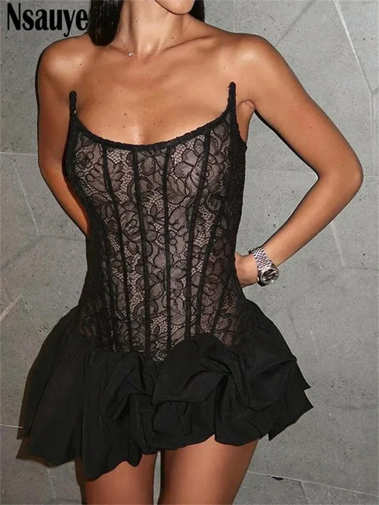 Nsauye Strapless Women High Waisted Evening Party Sexy Black Lace Corset Dress Mini Night Club 2024 Chic Fashion Bud Dress