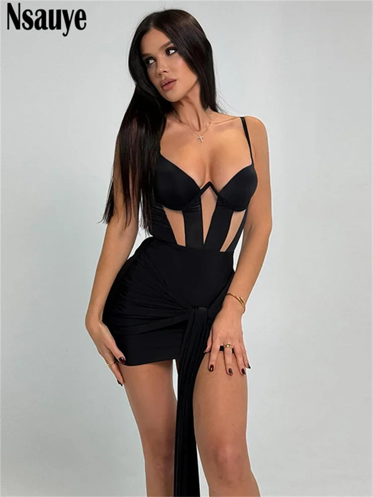 Nsauye Chic New Fashion Women Sexy Y2K Striped Night Club Mini Corset Dress 2024 Sleeveless High Waisted Evening Party Dress