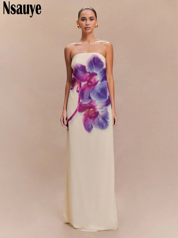 Nsauye Women Summer New Fashion Night Club Party Elegant Evning Vintage 2025 Pullover Long Strapless Wrap Floral Print Dresses