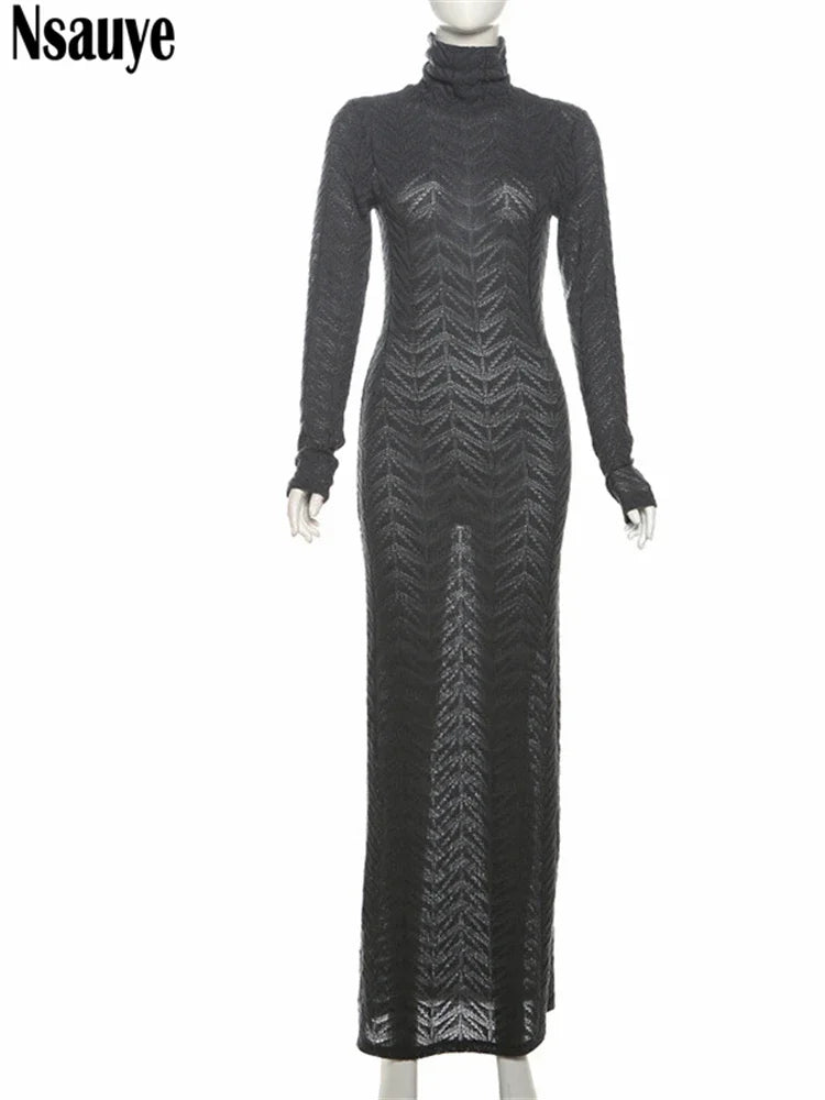 Nsauye Long Sleeve Turtleneck Long Dress Solid High Waist Winter Elegant Women Bodycon Sexy Evening Party Clothes Dress New 2024