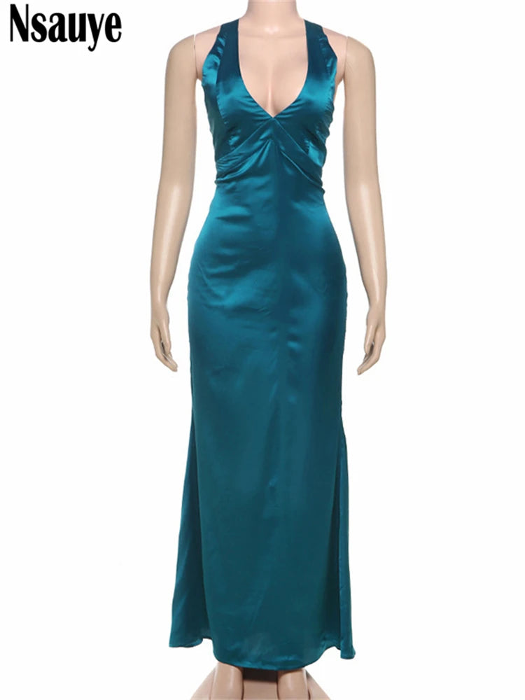 Nsauye Dress Women Elegant New Fashion Clothing Outfit Satin Long Lace Up Sleeveless Bodycon Sexy Evening Party Night Club Dress
